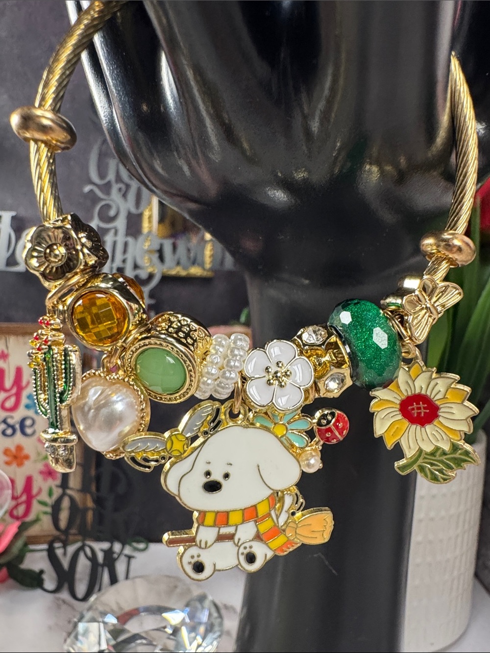 Gold Kids Charm Bracelet with White Puppy and Multicolor Charms